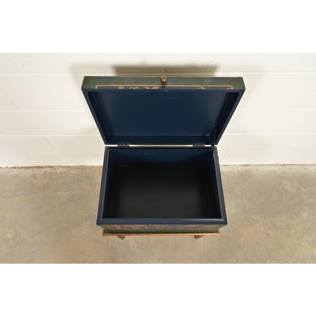 Wood Hollywood Regency Chinoiserie Hand-Painted Green Lacquered and Gold Gilt Chest on Stand For Sale - Image 7 of 16