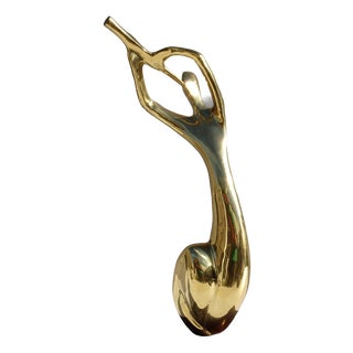Large Abstract Brass Flute Player Sculpture on Wooden Base, 1970s For Sale