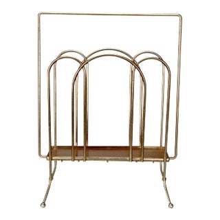 Mid-Century Art Deco Sculpted Brass Magazine Stand Record Caddy Holder For Sale