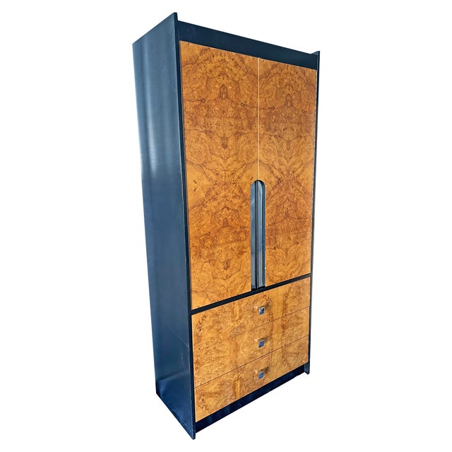 Modern Vintage Milo Baughman Style Burl and Black Tall Dresser or Wardrobe, Chifferobe in Modern Design For Sale - Image 3 of 8