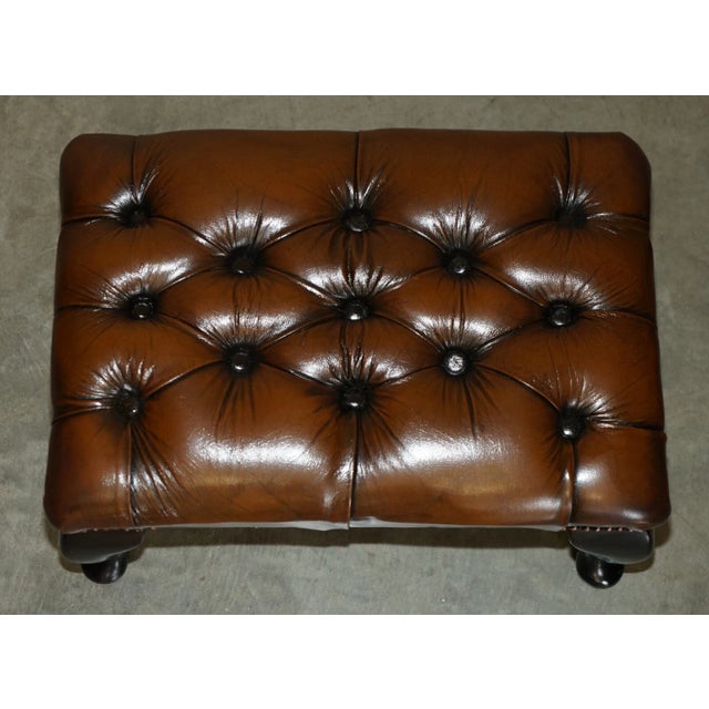 Vintage Pair of Chesterfield Chestnut Brown Leather Wingback Armchairs & Footstools For Sale - Image 17 of 18