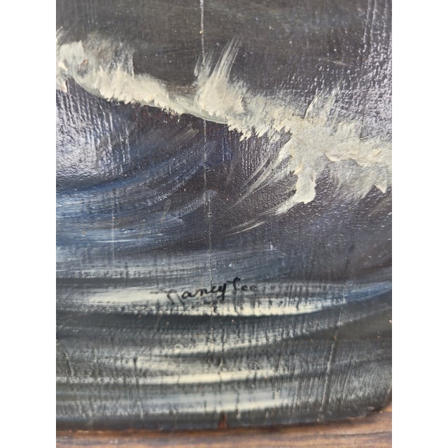 Mid-Century Nautical Ship Oil Painting on Live-Edge Wood Slab-Signed For Sale In Mobile - Image 6 of 9