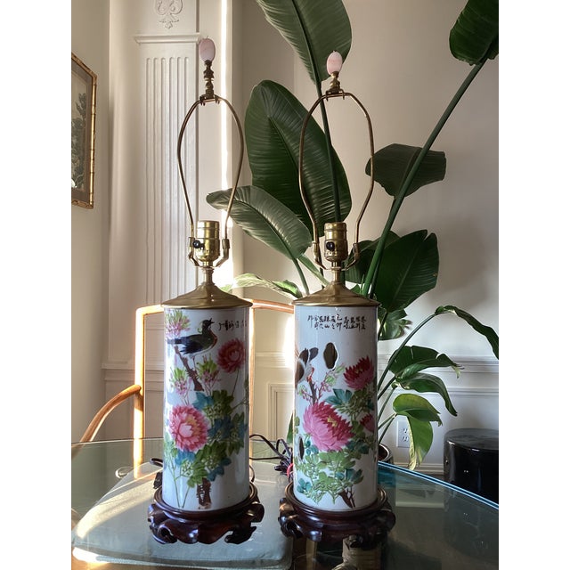 Vintage Chinese Porcelain Bird and Floral Table Lamps - a Pair For Sale - Image 4 of 5