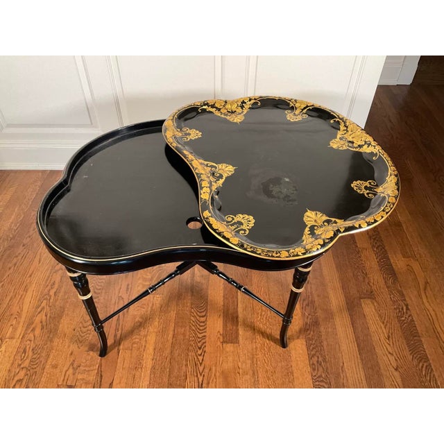 Antique Tole Tray Coffee Table on Custom Regency Style Faux Bamboo Wood Stand For Sale - Image 4 of 12