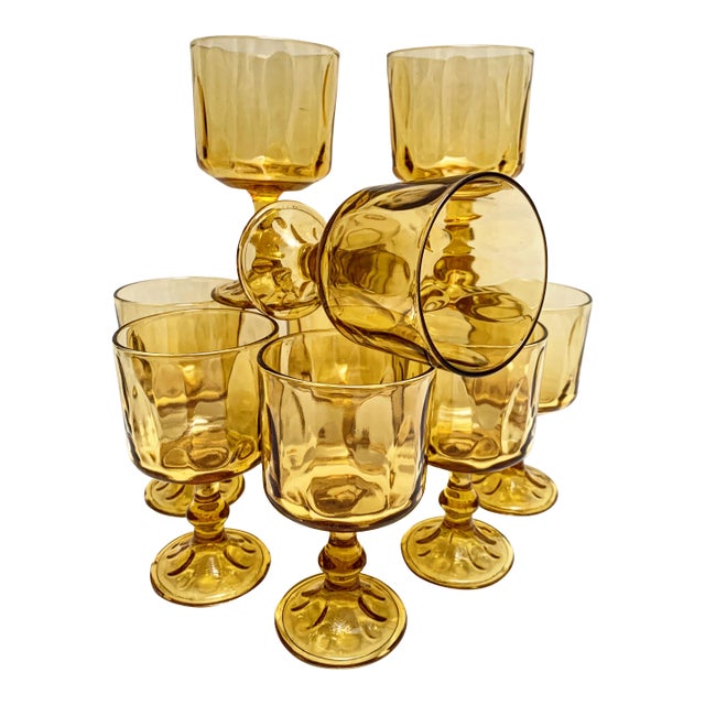 Vintage Textured Golden Amber Stemware Glasses-Set of Nine For Sale