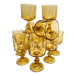 Vintage Textured Golden Amber Stemware Glasses-Set of Nine