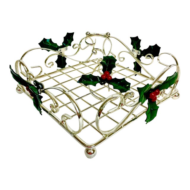 1980s Vintage Hollywood Regency Americana Boho Chic Napkin Holder With Holly Berry Motif, Christmas For Sale