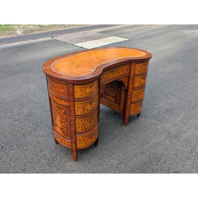 Antique Continental Marquetry Inlaid Kidney-Form Desk With Satinwood Floral Inlay For Sale - Image 10 of 12