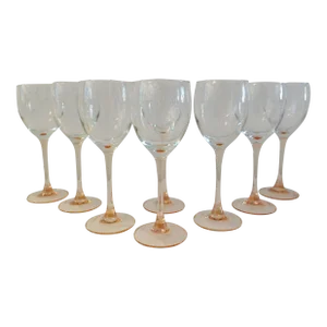 Vintage Pink Stemmed Crystal Wine Glasses. Set of 8