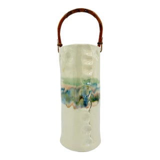 Signed 1992 Studio Pottery Vase With Bamboo Handle, Organic Modern Ceramic Vessel, Handcrafted Art Pottery, Neutral Glaze Cylinder For Sale