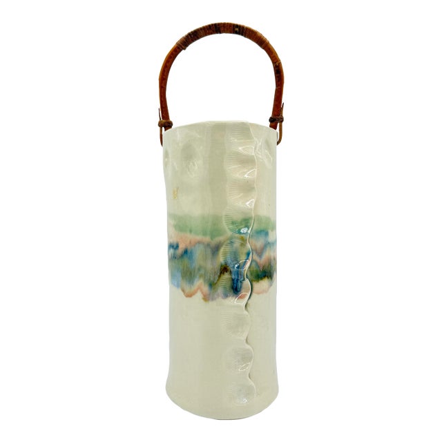 Signed 1992 Studio Pottery Vase With Bamboo Handle, Organic Modern Ceramic Vessel, Handcrafted Art Pottery, Neutral Glaze Cylinder For Sale