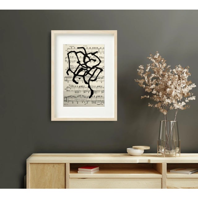 Framed Original Drawings 'Black and White Floral Abstractions on Vintage Music Score Sheets' #2 - Wall Gallery Installation - Set of 3 For Sale - Image 4 of 10