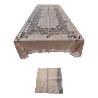 Hand-Tapped Linen Tablecloth with 12 Napkins, 1950s, Set of 13 For Sale