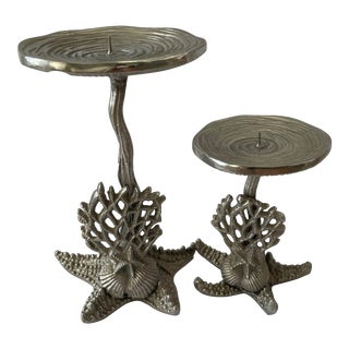 Early 21st Century Aluminum Starfish & Coral Pillar Candle Holders - a Pair For Sale