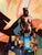 This oil on panel artwork presents a striking juxtaposition of a figure against a vibrant urban backdrop. The luminous...