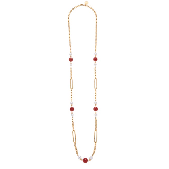 Gold plated long necklace with red stones and pearls Measurements: 40" x 1/2"