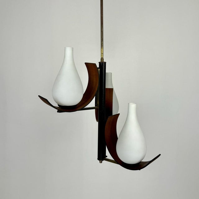 Pendant Light in Teak with Milk Glass and Brass, 1960s For Sale - Image 6 of 10
