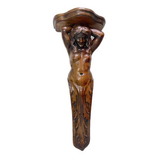Huge Antique Hand Carved Wood Oak Figural Nude Lady Woman Wall Shelf Sculpture For Sale