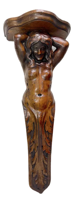 Huge Antique Hand Carved Wood Oak Figural Nude Lady Woman Wall Shelf Sculpture