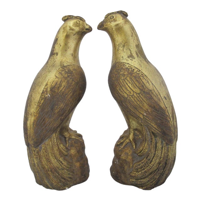 Borghese Italian Chalkware Gold Painted Quail Bird Mid Century Figurine Pair For Sale
