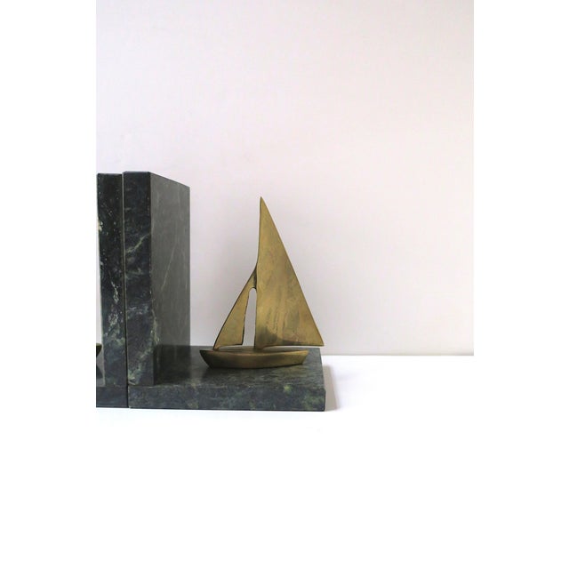 Dark Green Marble Brass Sailboat Nautical Bookends, Pair For Sale - Image 10 of 13