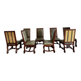 Henredon Furniture Green Leather Side Chairs With Multi-Patterned Striped Upholstered Backs- Set of 8 For Sale
