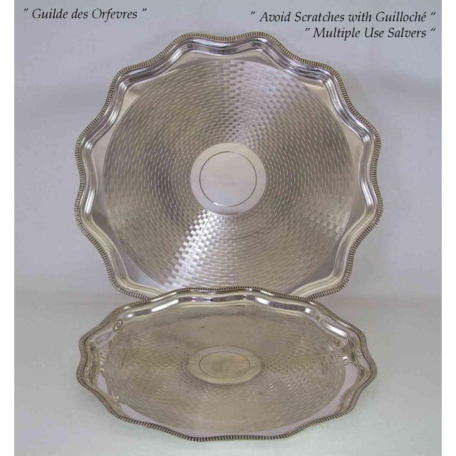 English 1970’s Vintage/New Silverplate Scalloped Edge Salver, Gadroon Mount, Engine Turned/Guilloché For Sale - Image 3 of 12