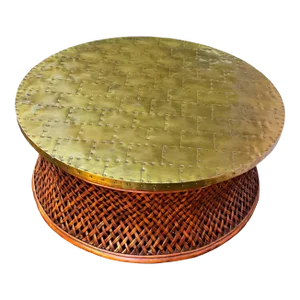 Organic Modern Coastal Round Hammered Brass & Rattan Coffee Table