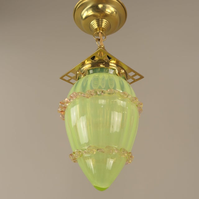 Metal Art Nouveau Viennese Pendant Lamp with Uranium Vaseline Glass Shade, Austria, 1920s For Sale - Image 7 of 9