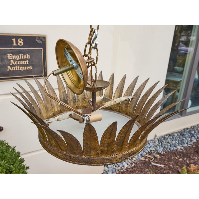 Mid 20th Century Spanish Gilt Metal Crown Chandelier with Frosted Glass Diffuser For Sale - Image 4 of 7