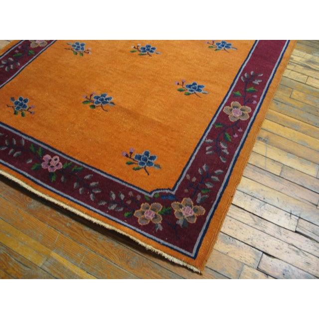 Early 20th Century 1920s Orange Medallion Traditional Antique Chinese Art Deco Hand Knotted Rug 4 X 10' Wool Carpet For Sale - Image 5 of 5
