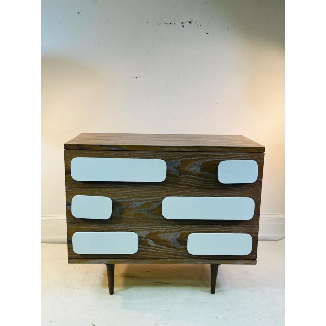 Stunning Modernist Pair of High End Cerused Oak and Abstract White Design Cabinets Designed in the Manner of Gio Ponti.