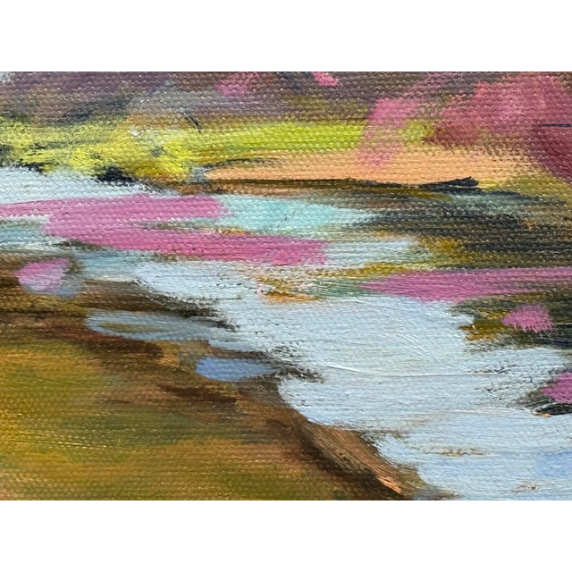 Pulich Oil on Canvas Landscape Painting of Creek + Pink Blossoms For Sale - Image 9 of 12