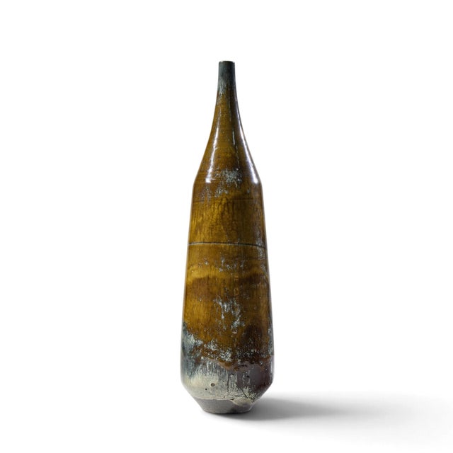 Gertrud and Otto Natzler Mid Century Dark Cat's Eye Reduction Fired Glaze Cylindrical Tall Bottle For Sale In Chicago - Image 6 of 8