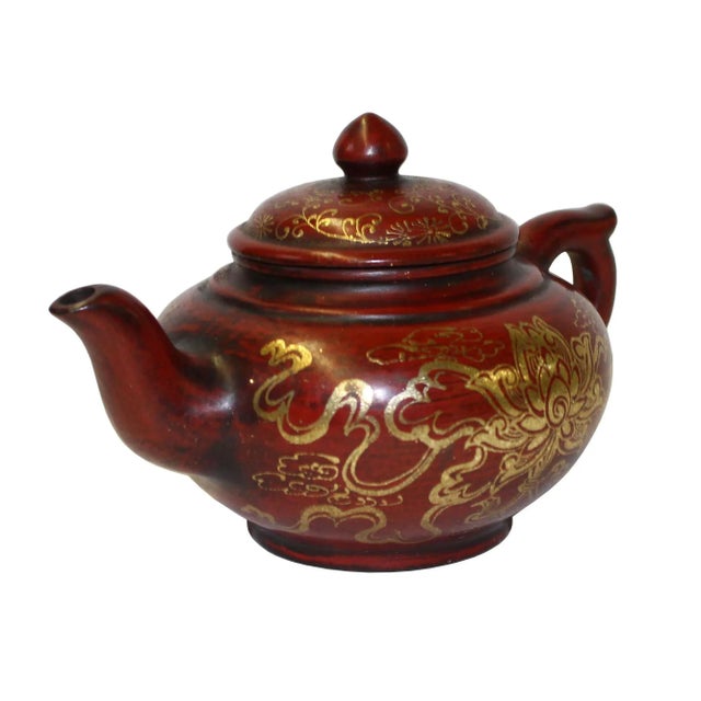 Chinese Chinese Zisha Clay Red Golden Scenery Teapot Display For Sale - Image 3 of 7