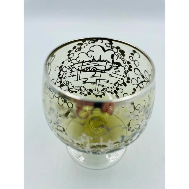 Italian Vintage Petite Smokey Quartz-Colored Brandy/Cognac Snifters With Silver Gilded Venetian Scene -Set of 6 For Sale - Image 3 of 13