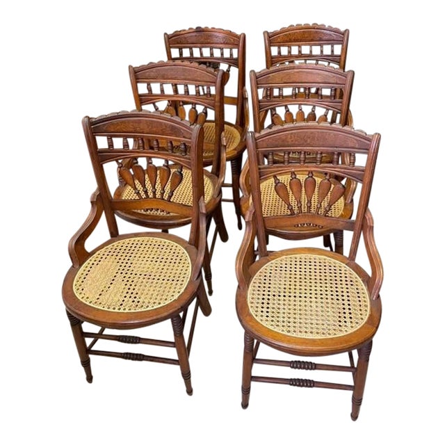 Antique Cane Bottom Chairs, Fully Hand Carved Matching Set Set of 6