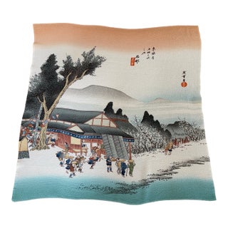 Mid-Century Japanese Silk Chirimen Textile – Hiroshige Tokaido Station 46 Ishibe • Vintage 100% Silk Crepe Furoshiki With Hiroshige Ukiyo-E Lan For Sale