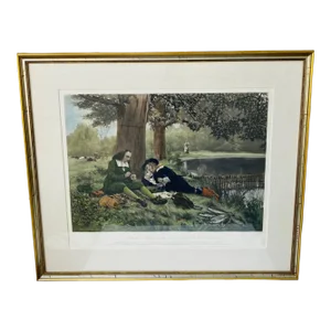 Early 1900s Lithograph Engraving of "Izaak Walton and His Pupil"