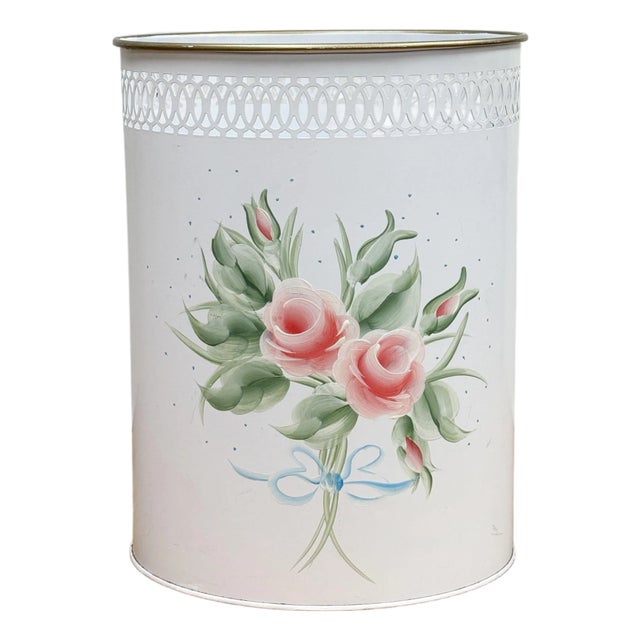 Vintage Hand-Painted Tole Floral Pierced Metal Waste Bin For Sale