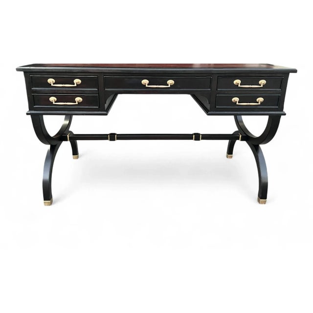 Mid 20th Century Hollywood Regency Ebonized Desk With Cognac Leather Top by Sligh-Lowry For Sale - Image 13 of 17