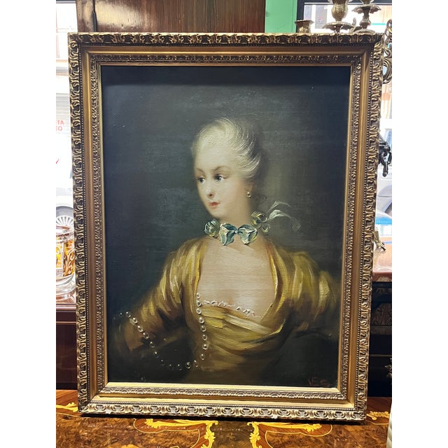 Textile Lady with Scarf and Pearl Necklace, 20th Century, Painting, Framed For Sale - Image 7 of 8