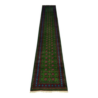 Green Tribal Geometric Hallway Runner Rug With Turquoise Border, 2'9" X 15'10" For Sale
