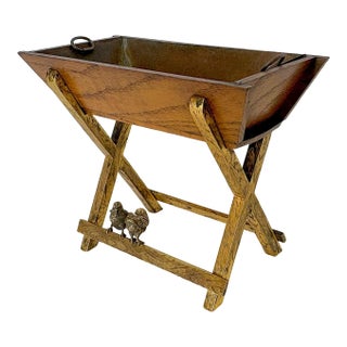 Antique Crèche Raised Wood Trough Planter With Copper Liner on Brass Stand With Birds For Sale