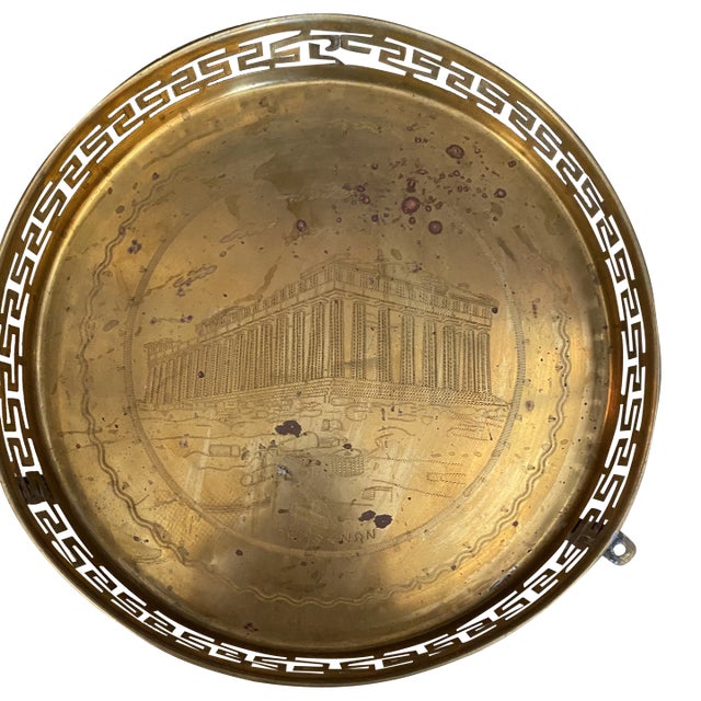 1970s Brass Serving Tray With Greek Key Details For Sale