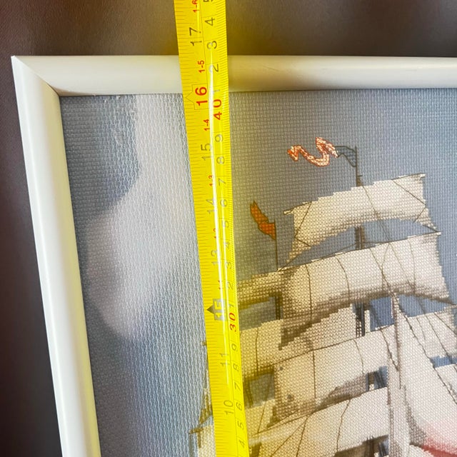 Textile Vintage Signed Nautical Cross Stitch Ship Framed Textile Art c.1992 For Sale - Image 7 of 11