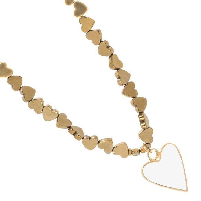 Metal White Heart Pendant Gold Hematite Stone Heart Shape Chain Necklace For Sale - Image 7 of 8