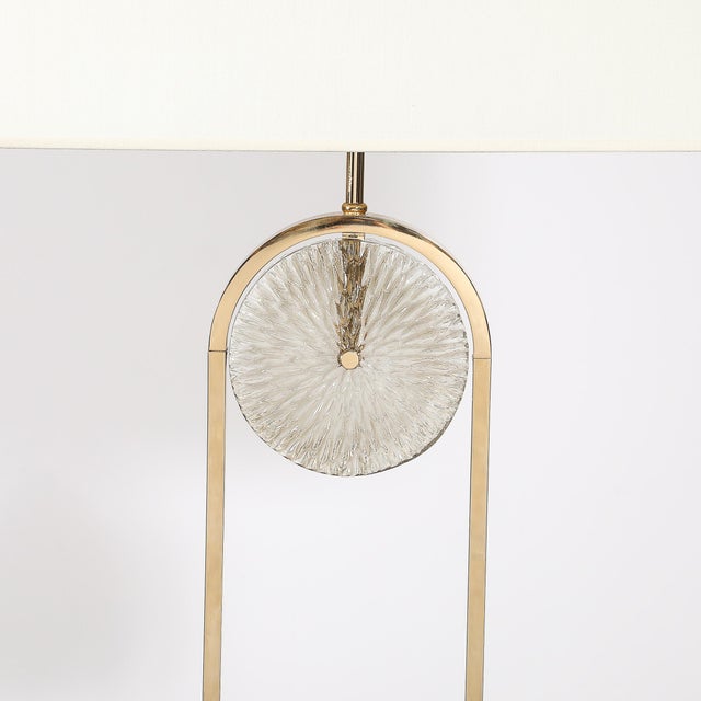 Metal Mid-Century Brass Arch Floor Lamp W/ Textured Glass Medallion & White Marble For Sale - Image 7 of 13