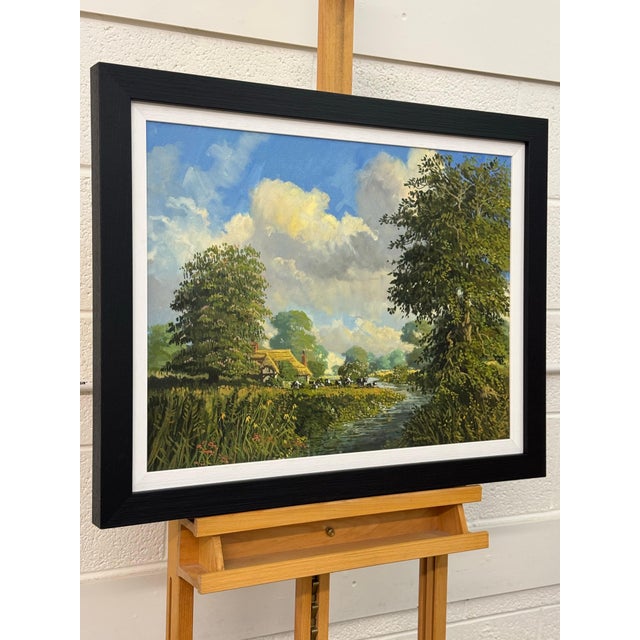 Green English Countryside Oil Painting with Thatched Cottage, River & Cows Grazing 1985 Circa For Sale - Image 8 of 15