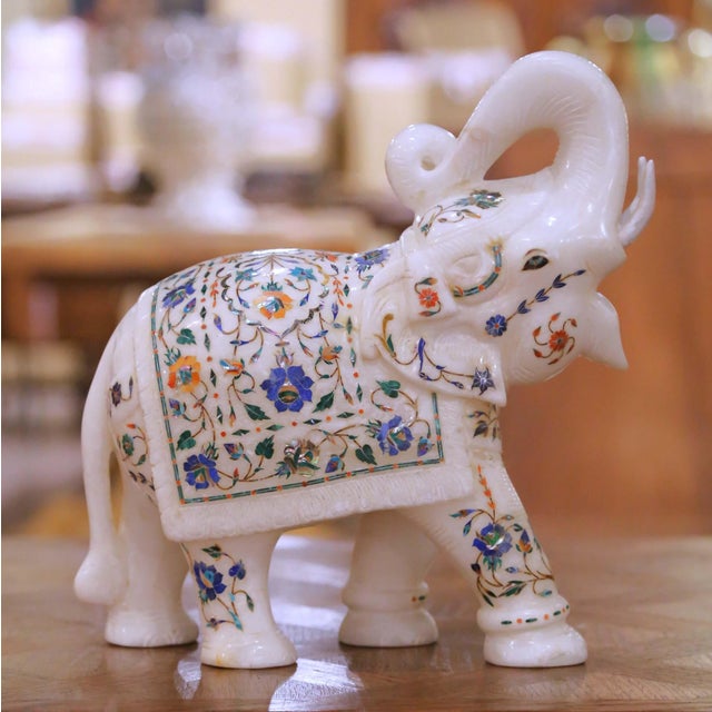 Mid 20th Century Mid-Century Indian Marble Elephant With Pietra Dura Floral Inlay For Sale - Image 5 of 10